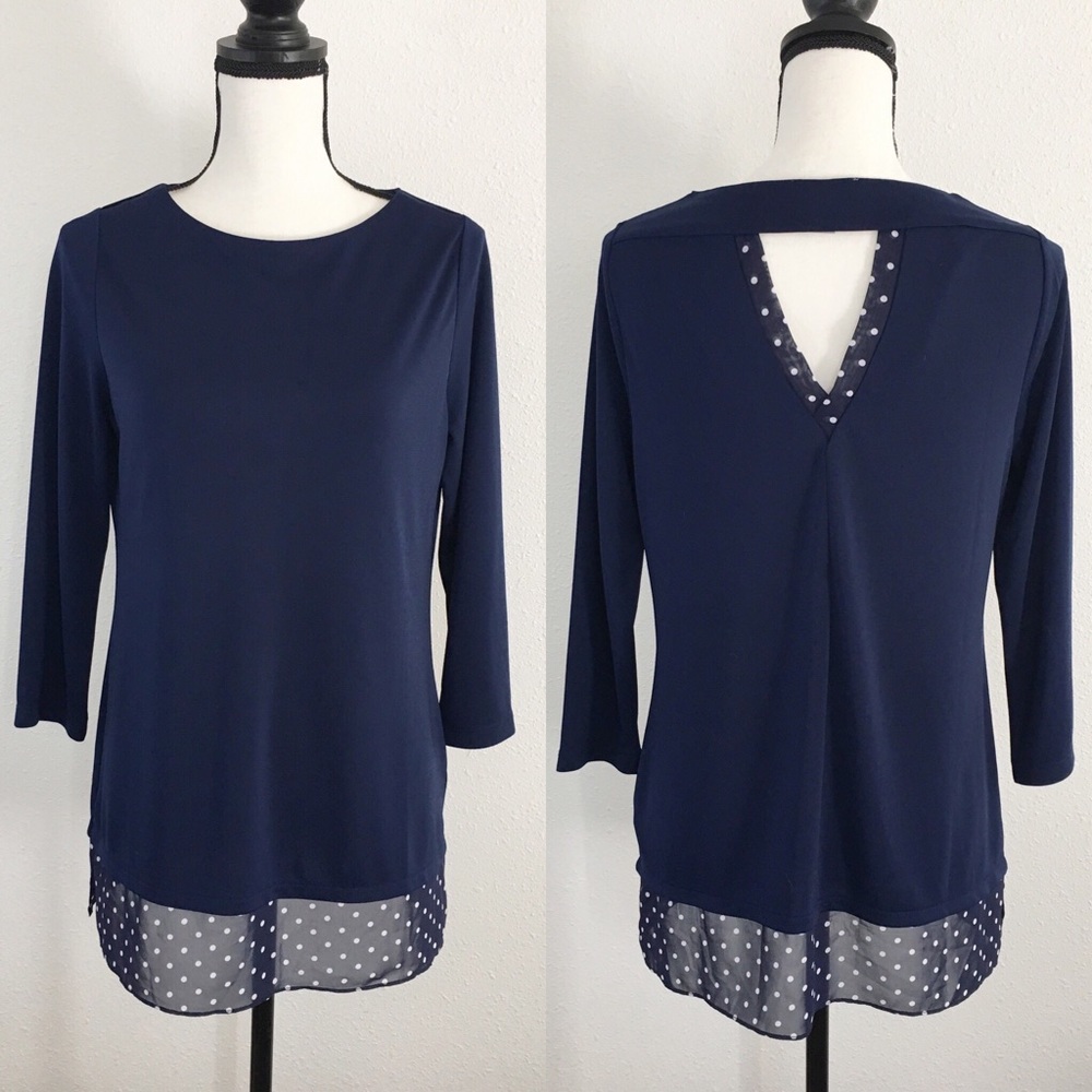Susan Graver blue polka dot long blouse XS